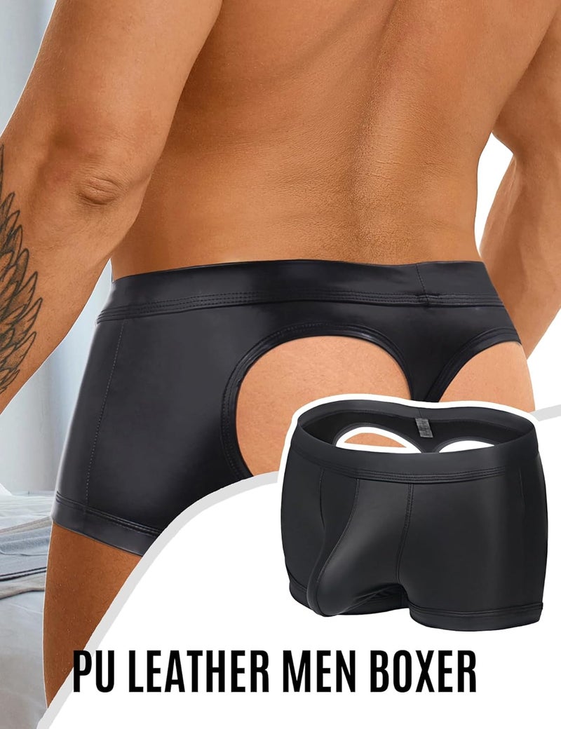 ohyeahlady Store Men's Faux Leather Boxer Briefs Black Soft Pouch Trunks Stretchy Plus Size Night Underwear Panties Club Wear - Image 2